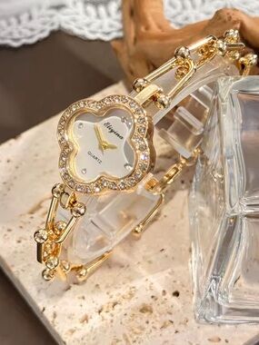 Anthropologie Gold Crystal-Trim Clover Bracelet Watch